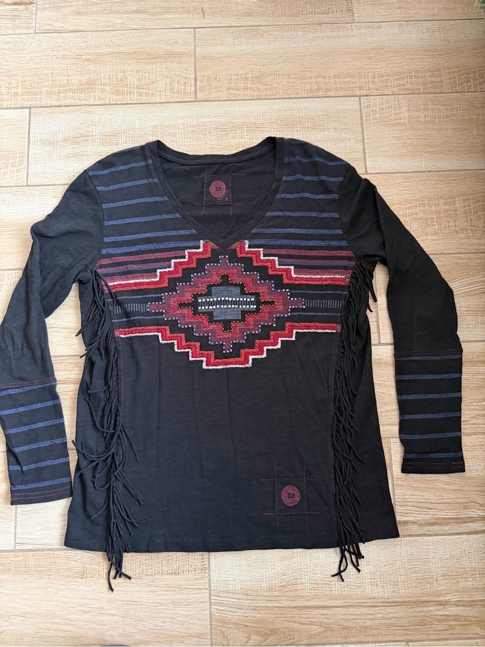 Double D Ranch Black Beaded Fringe Southwestern Long Sleeve V-Neck Top S